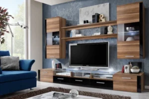A Tv unit with a hidden dresser and lots of storage options