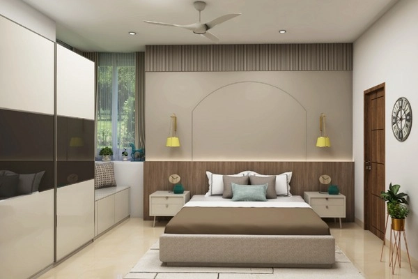 A Floor-to-Ceiling wardrobe in Earthy toned Bedroom