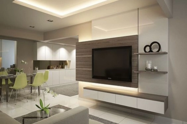 The Tv unit in the center and open seleves in living room