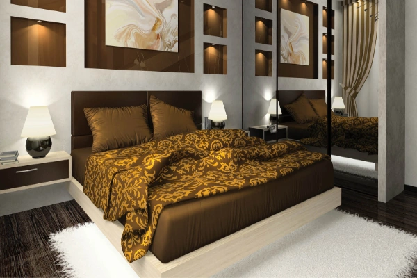 The Luxurious Brown Motif and The Plush Headboard of The bedroom Take The Elegance Next Level